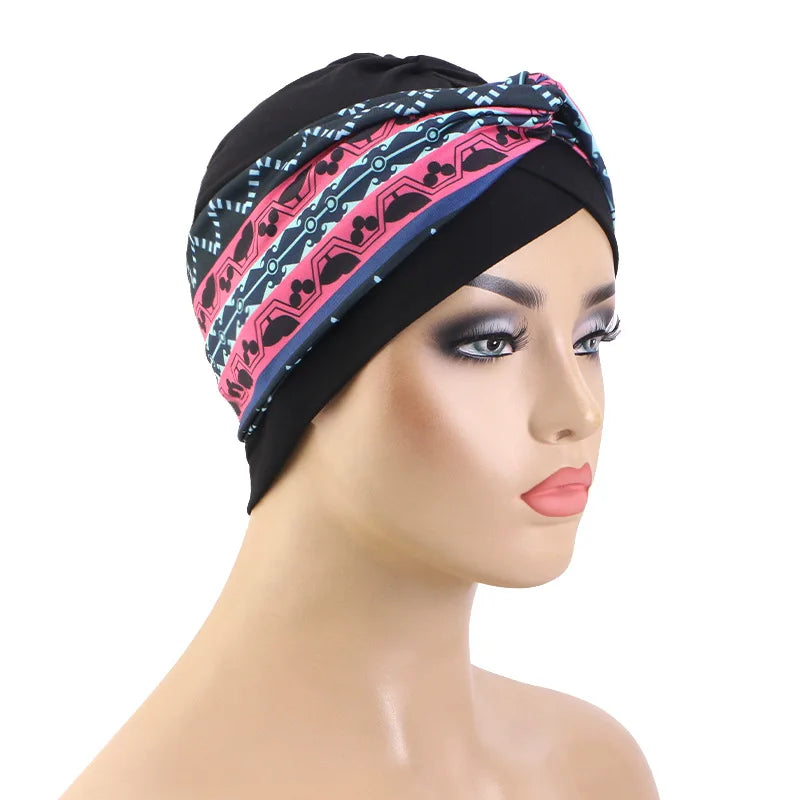 Nuevo turbante con estampado Floral y nudo torcido para mujer musulmana, Hijab, gorro para quimio, gorro elástico indio para mujer, pañuelo para la cabeza, gorro para la pérdida de cabello