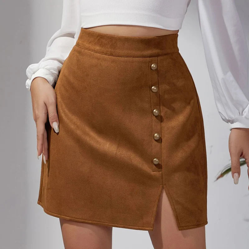 Falda de Gamuza | Botones de Metal | Estilo Retro Americano