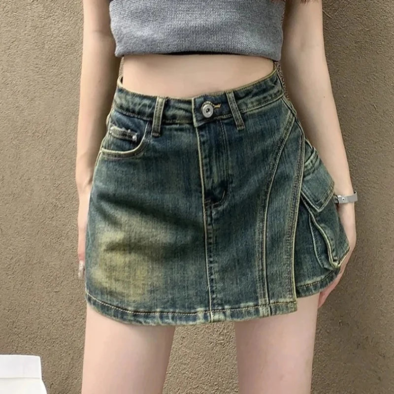 Falda Mini Vaquera Acampanada Estilo Retro Y2K | Cintura Imperio Bolsillos