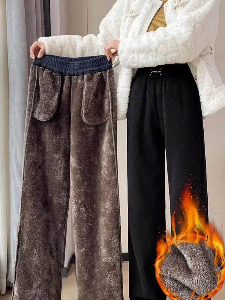 Pantalón Lana Cordero Grueso | Forro Polar | Recto Holgado | Cintura Alta Elástica