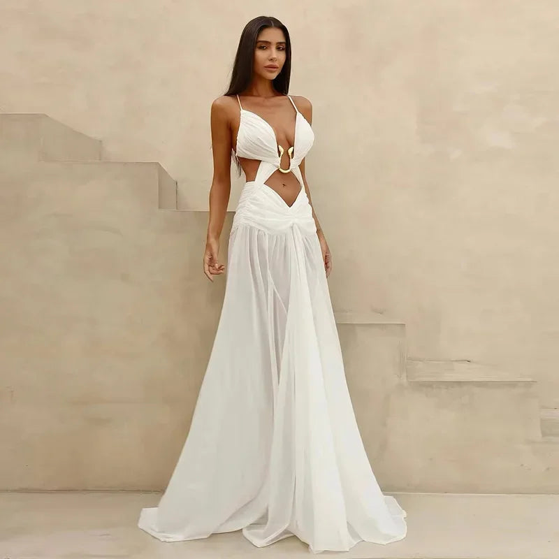 Vestido de Fiesta Largo con Escote V y Espalda Descubierta