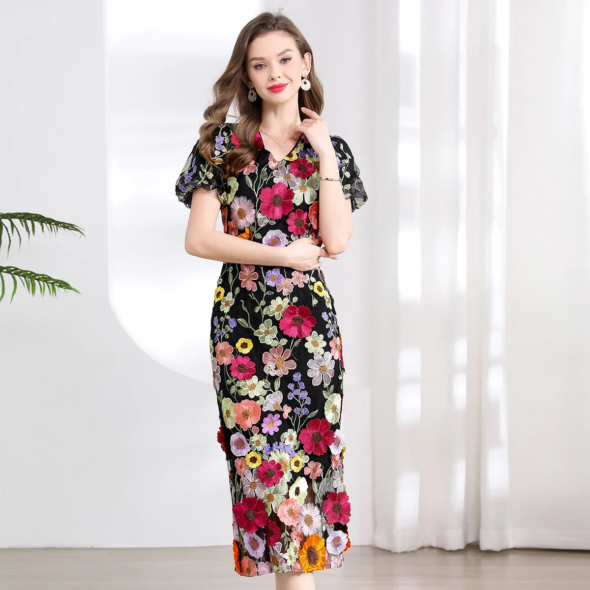 Vestido Fiesta Lujo Bordado Encaje Flores 3D | Cuello V Manga Corta Mitad Pantorrilla