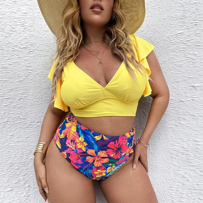 Bikini de Talla Grande con Volantes - Estampado y Tiro Alto para Playa