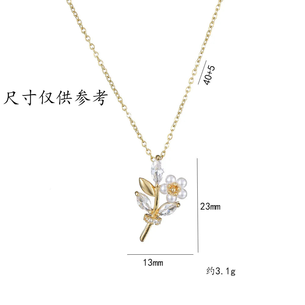 Collar Perla Circón ∣ Flor Dorado Femenino ∣ Acero Inoxidable Clásico