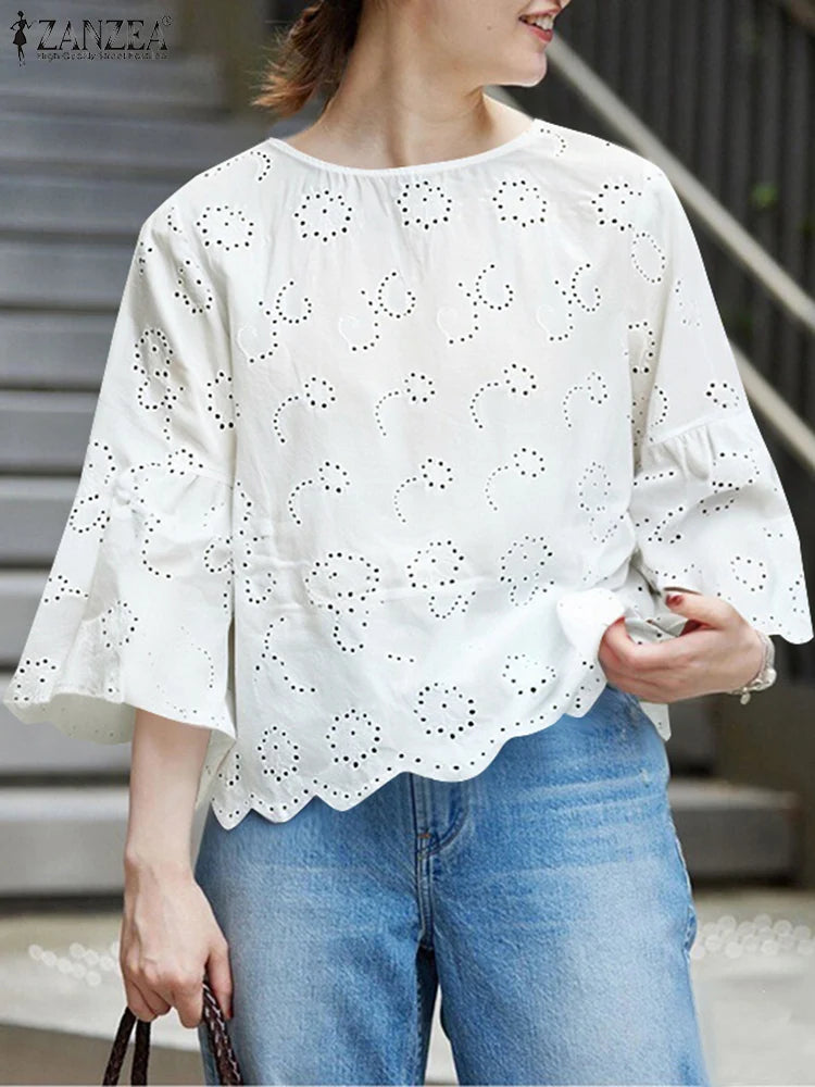 Elegante Blusa de Verano Bohemio Manga Tres Cuartos con Huecos