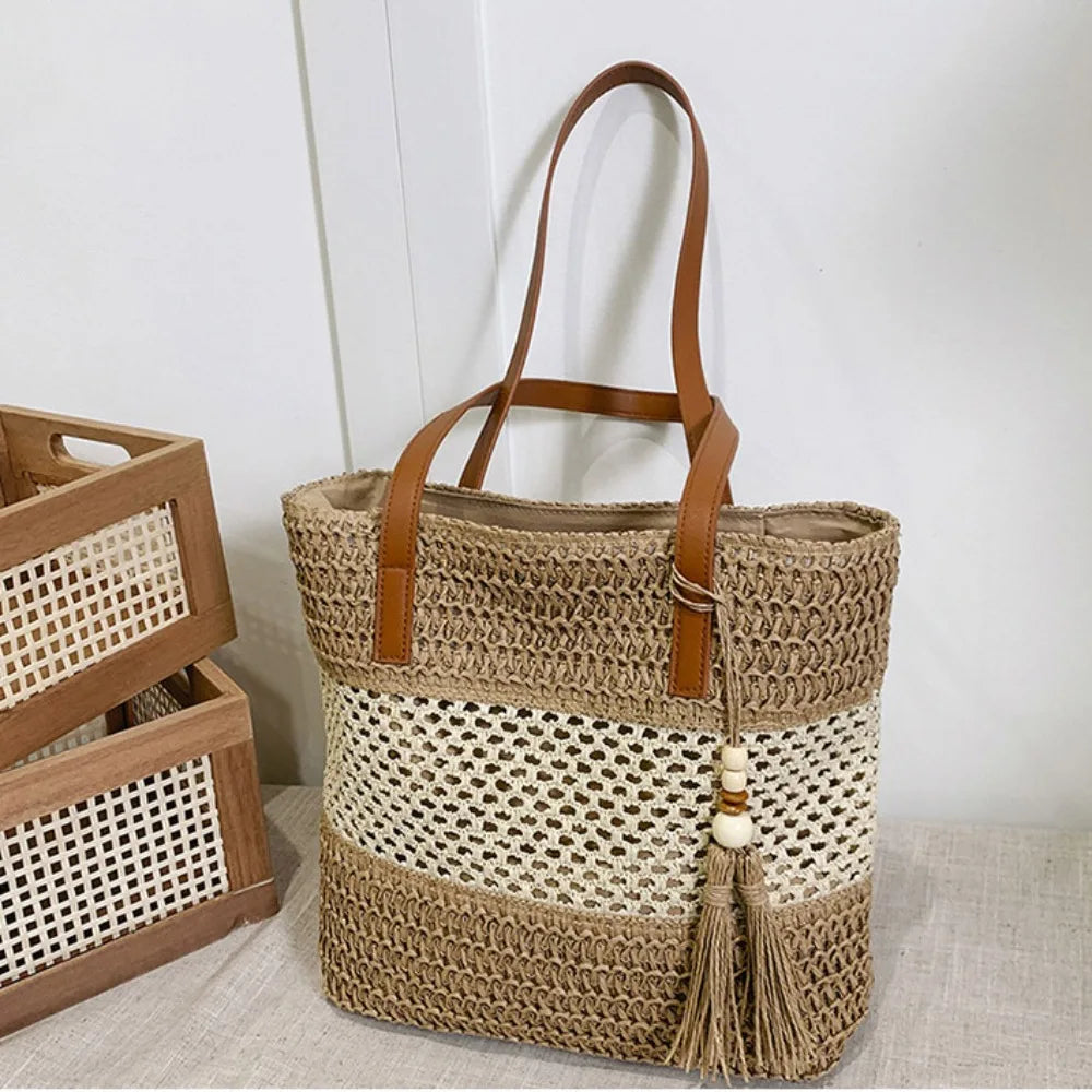 Bolso de Paja Tejida Hecho a Mano con Colgante de Flecos para Mujer