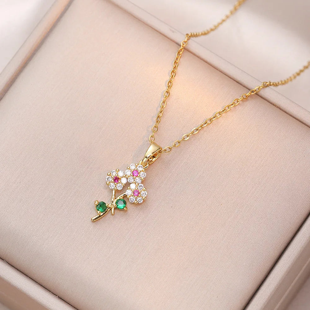 Collar Colgante Hoja Flor Circones Brillantes Acero Inoxidable | Accesorio Tendencia Ticotrendy