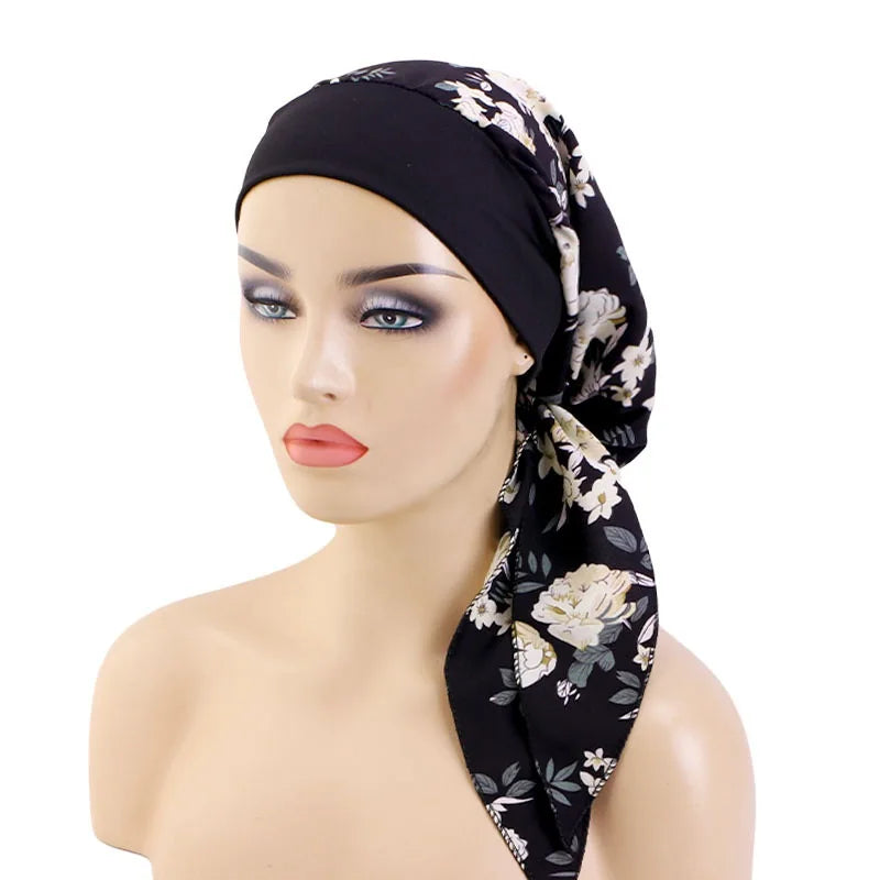 Nuevo pañuelo para la cabeza con estampado satinado para mujer, turbante musulmán elástico preatado, gorro para dormir para quimioterapia, cubierta para la pérdida de cabello, pañuelo para la cabeza