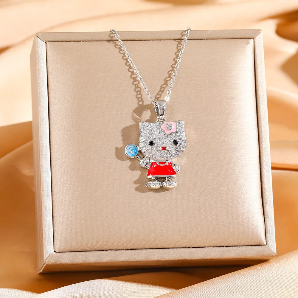 Sanrio moda lindo circón Hello Kitty con piruleta colgante collares para mujeres niñas Collar de moda accesorios joyería regalos