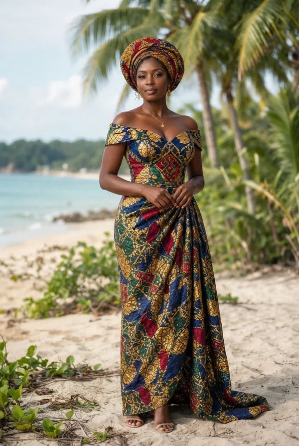 Vestido africano en tejido Bazin Riche para mujer, elegante para bodas, Tico Trendy Costa Rica