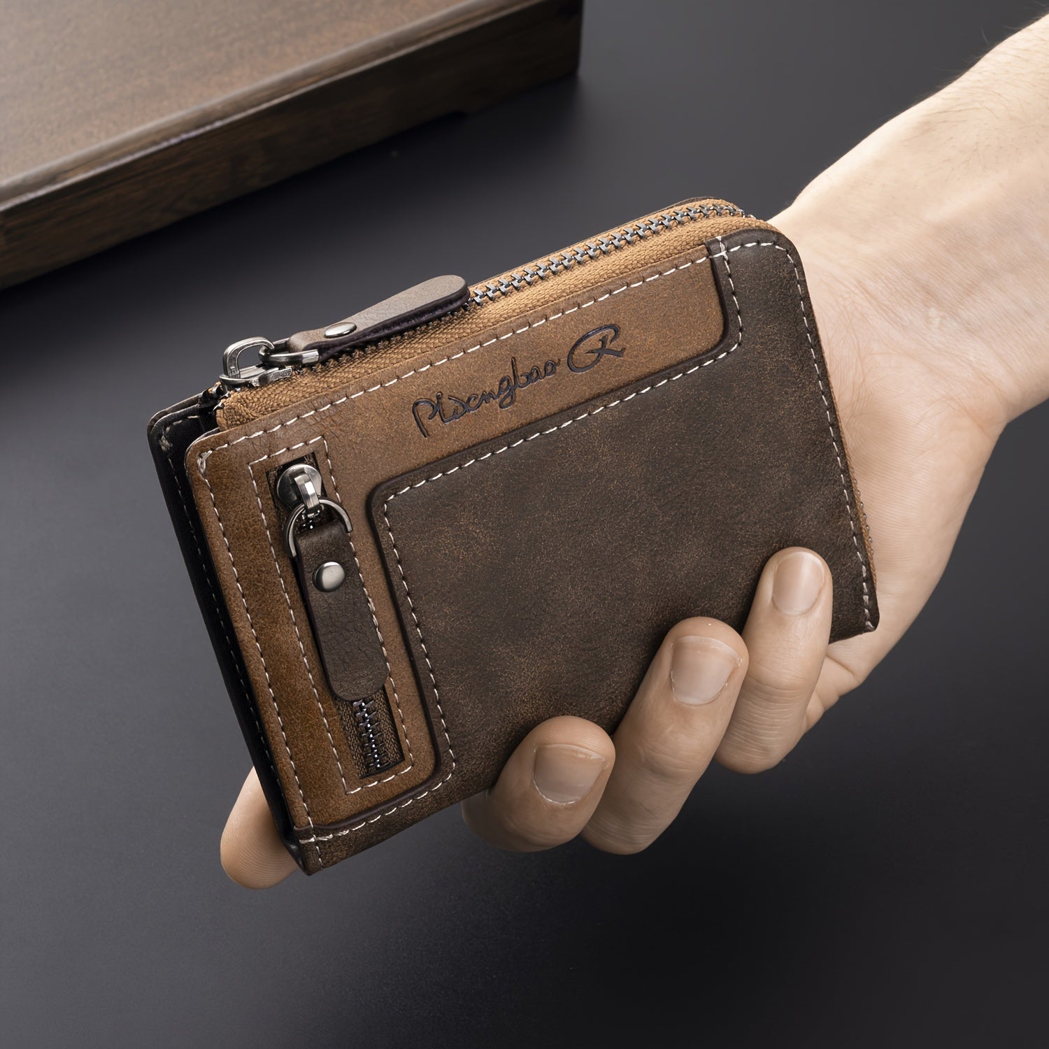 Cartera de hombre retro de piel sintética con cremallera y tarjetero.