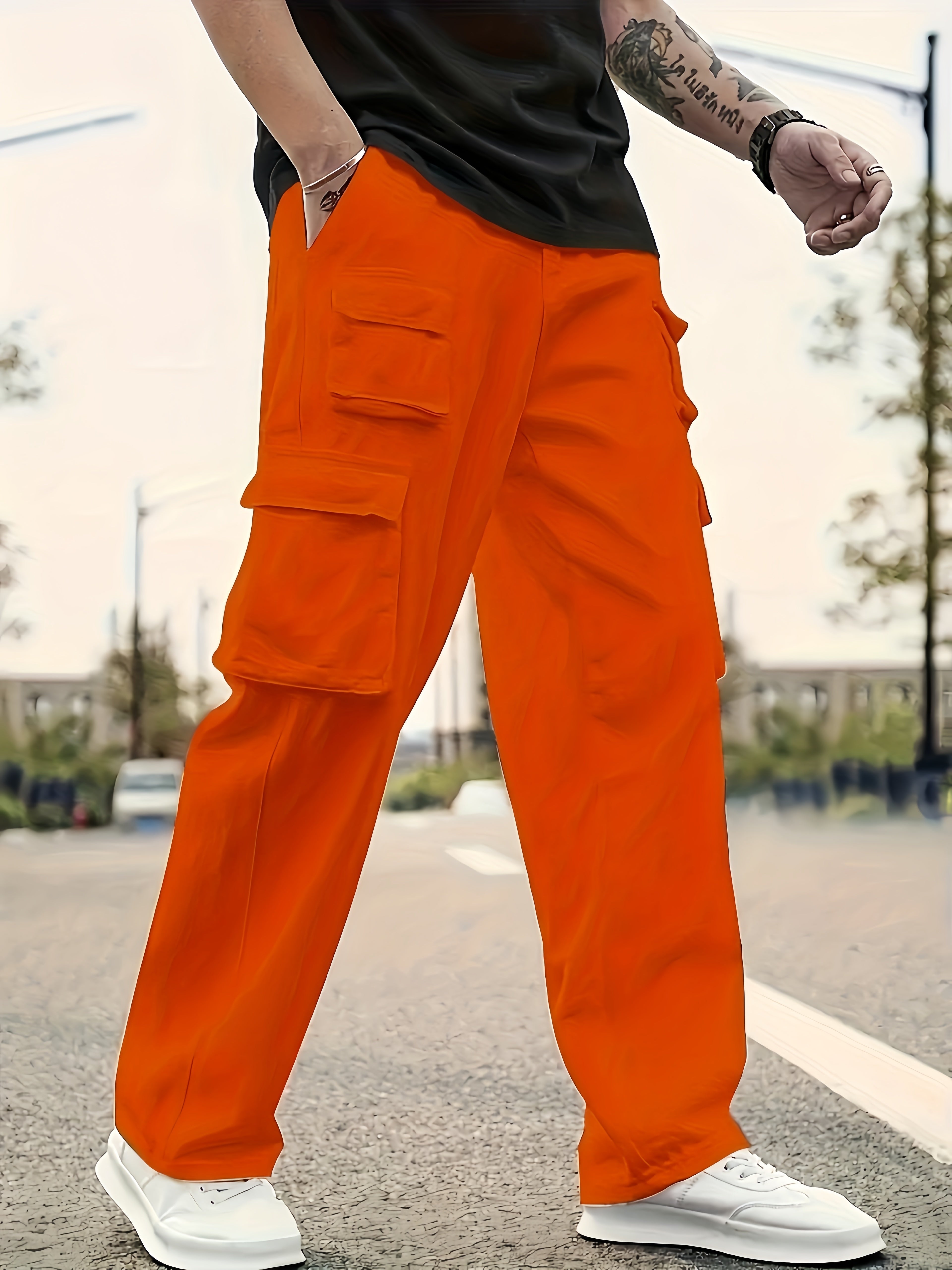 Men's Solid Color Sports Cargo Pants With Drawstrings, Casual Versatile Straight Leg Outdoor Trousers As Gift