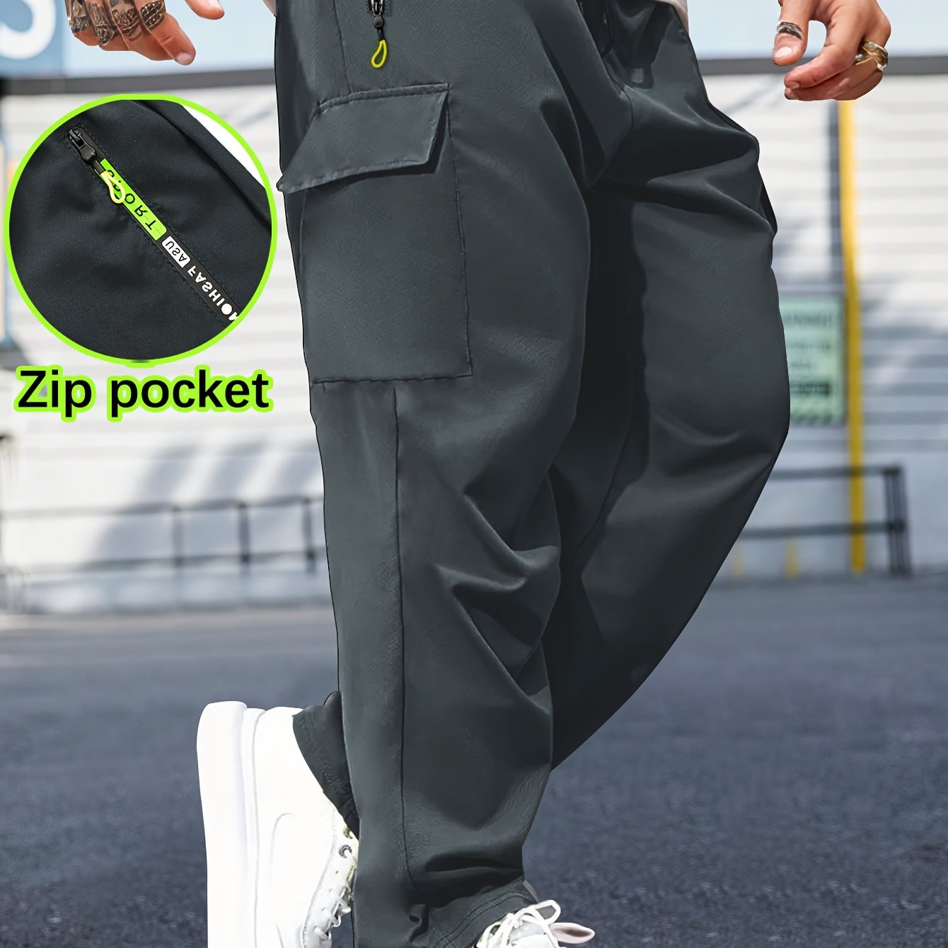 Men'S Casual Cargo Pants with Zipper Pockets - Black, Drawstring Waist, Lightweight, Non-Stretch Fabric, Perfect for Spring & Fall Outdoor Activities, Casual Attire, and Everyday Use, Casual Outdoor Pants | Sporty Style Pants