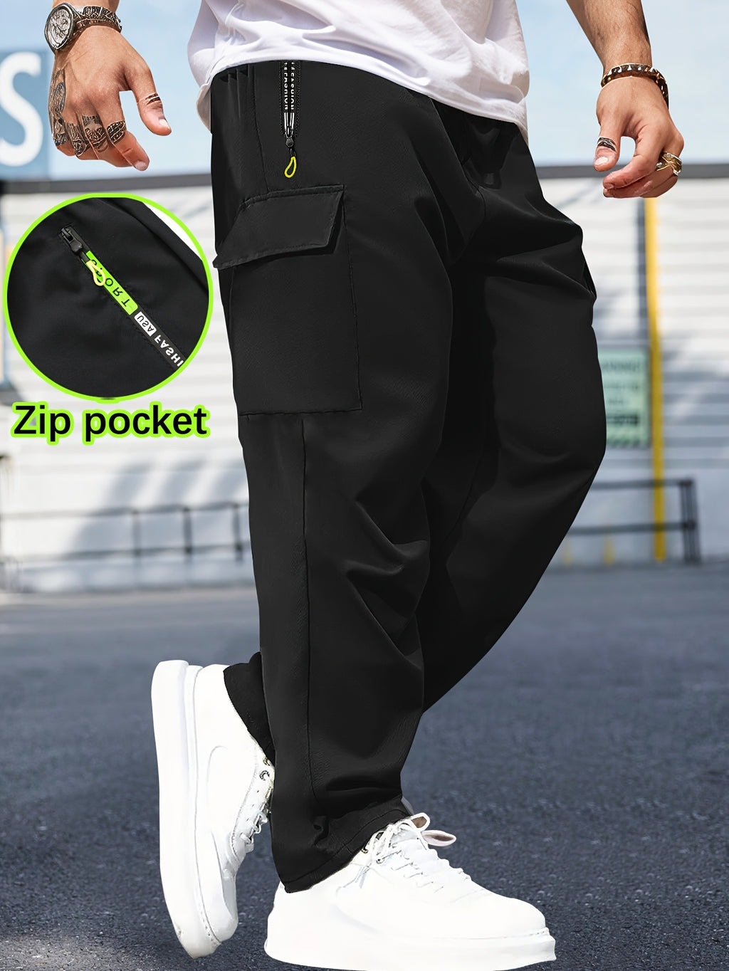 Men'S Casual Cargo Pants with Zipper Pockets - Black, Drawstring Waist, Lightweight, Non-Stretch Fabric, Perfect for Spring & Fall Outdoor Activities, Casual Attire, and Everyday Use, Casual Outdoor Pants | Sporty Style Pants