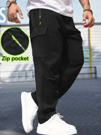 Men'S Casual Cargo Pants with Zipper Pockets - Black, Drawstring Waist, Lightweight, Non-Stretch Fabric, Perfect for Spring & Fall Outdoor Activities, Casual Attire, and Everyday Use, Casual Outdoor Pants | Sporty Style Pants