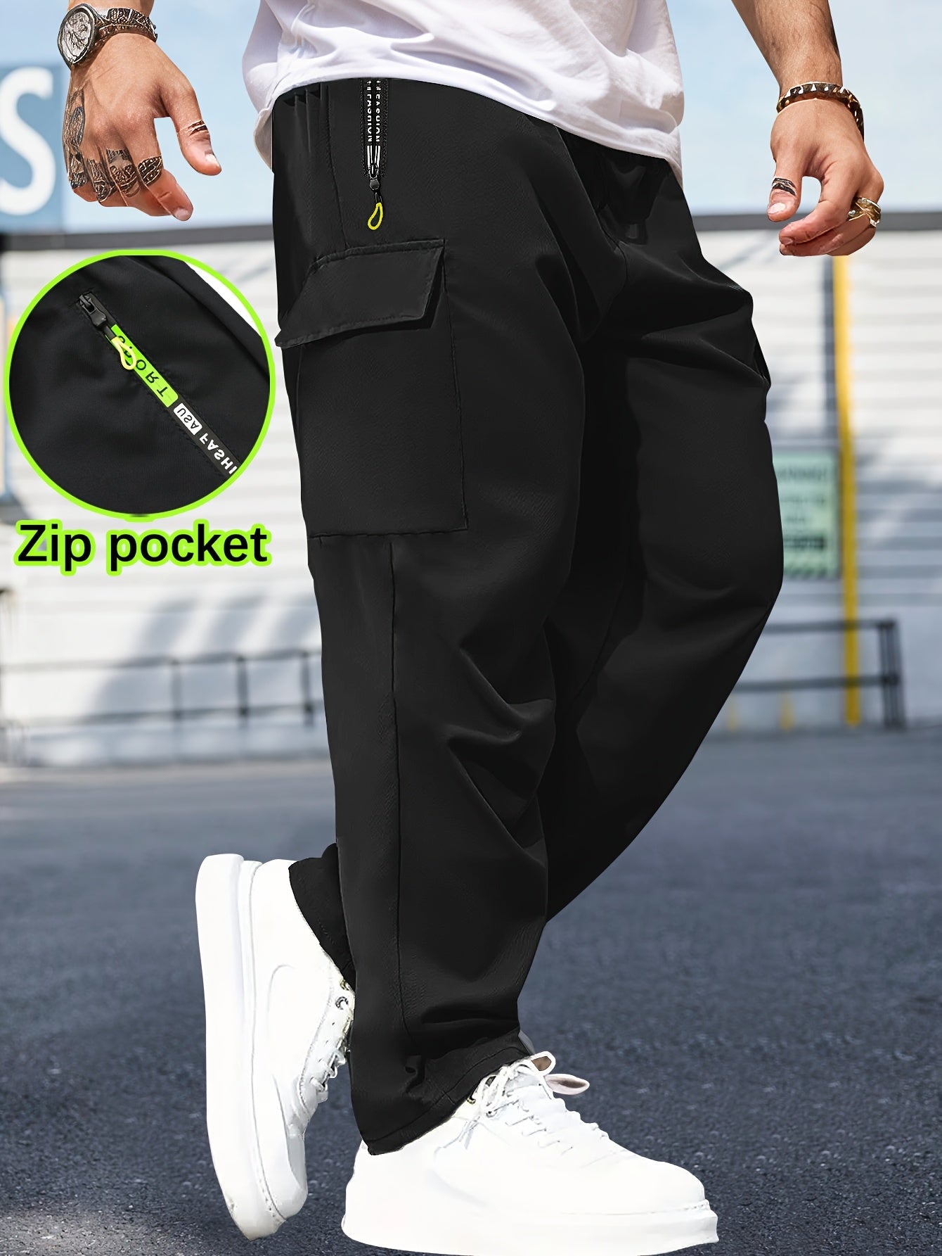 Men'S Casual Cargo Pants with Zipper Pockets - Black, Drawstring Waist, Lightweight, Non-Stretch Fabric, Perfect for Spring & Fall Outdoor Activities, Casual Attire, and Everyday Use, Casual Outdoor Pants | Sporty Style Pants