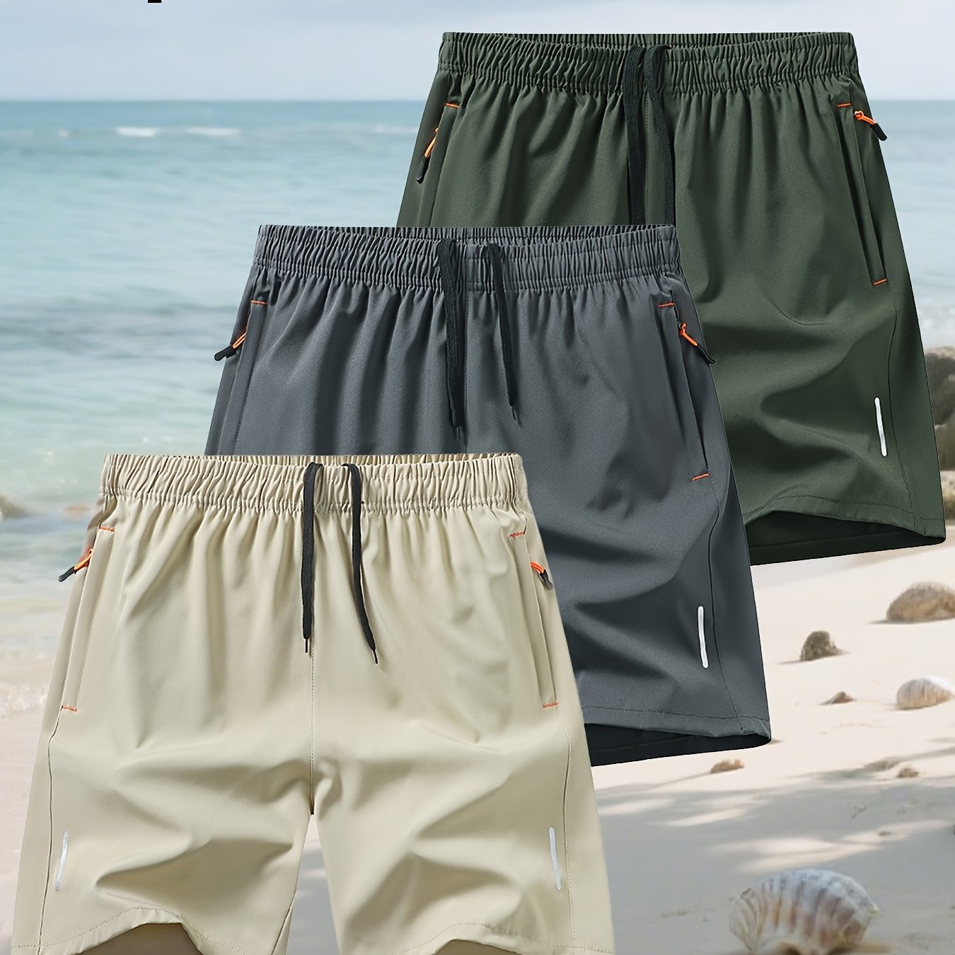Conjunto de 3 Pantalones Cortos Deportivos | Cintura Elástica con Bolsillos | Playa y Deporte