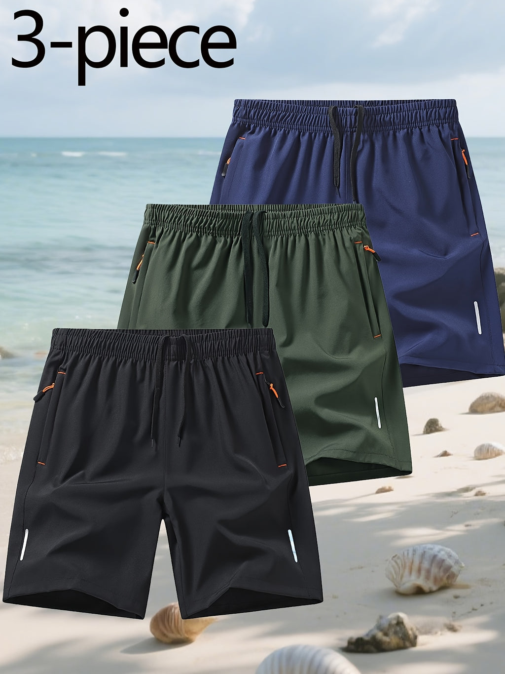 Conjunto de 3 Pantalones Cortos Deportivos | Cintura Elástica con Bolsillos | Playa y Deporte