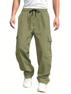Men'S Casual Cargo Pants - Loose Fit, Straight Leg, Multi-Pocket Design, Drawstring Waist, Polyester Fabric, Ideal for Spring & Fall Workouts, Casual Wear Pants|Loose Fit Pants|Polyester Pants