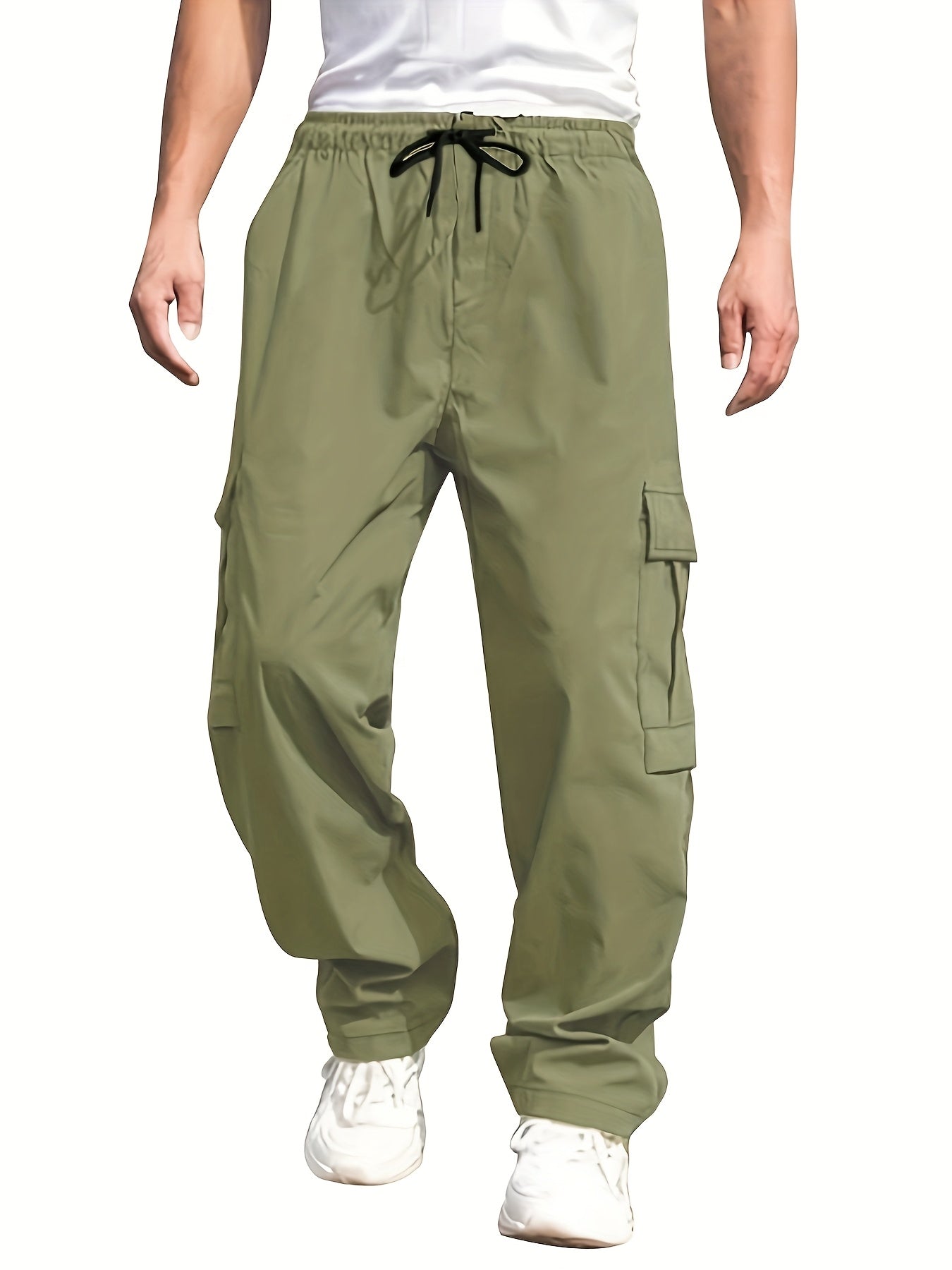 Men'S Casual Cargo Pants - Loose Fit, Straight Leg, Multi-Pocket Design, Drawstring Waist, Polyester Fabric, Ideal for Spring & Fall Workouts, Casual Wear Pants|Loose Fit Pants|Polyester Pants