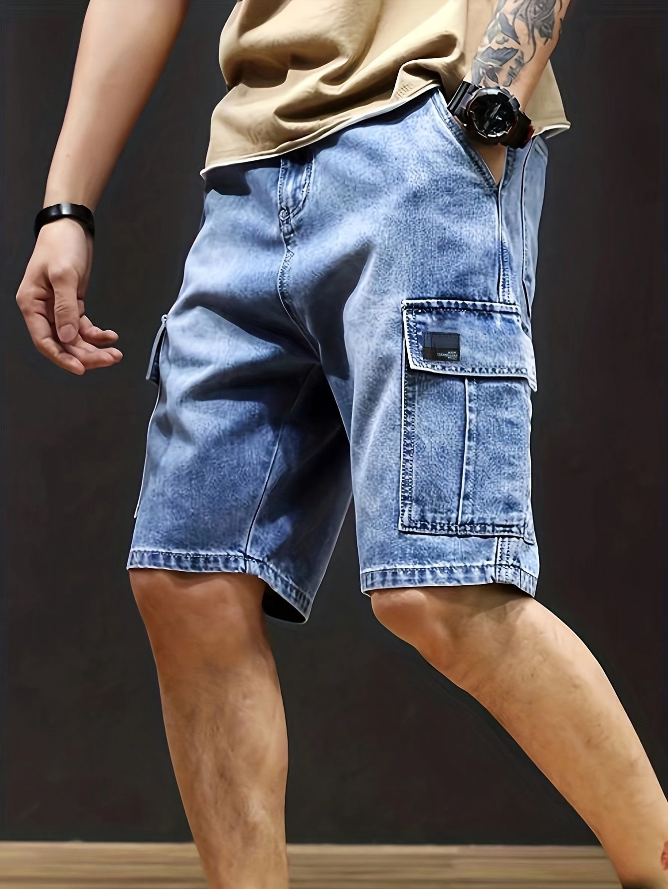 Jeans Cortos Hombre Elásticos | Corte Regular, Múltiples Bolsillos | Vaquero Azul Lavado