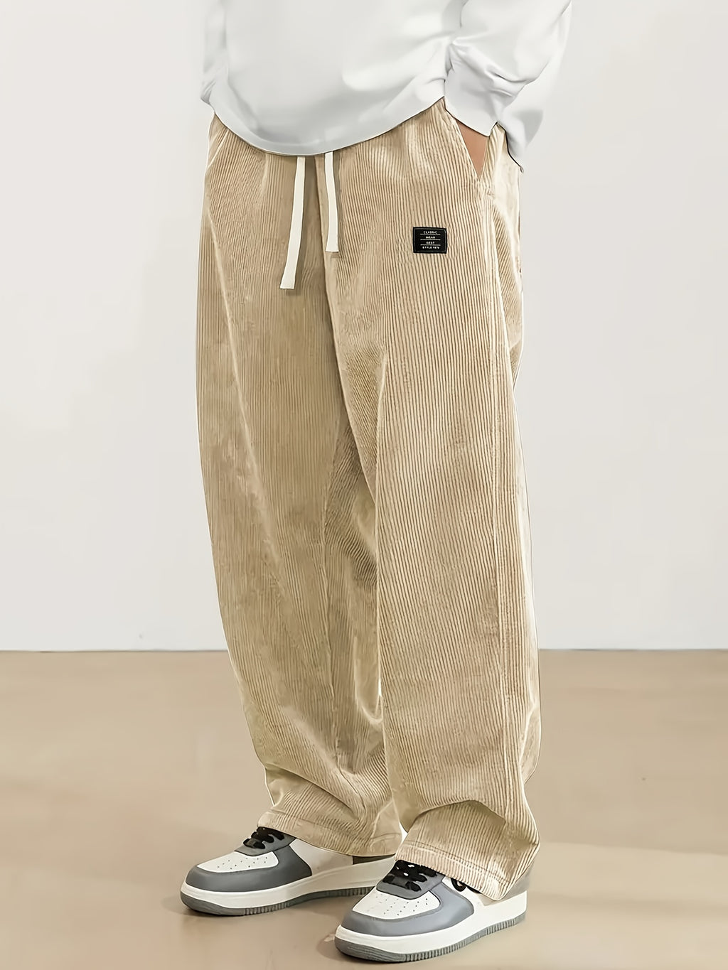 Men's corduroy casual pants, stylish and loose wide-leg pants, straight-cut sport pants, elastic waist drawstring baggy sweatpants for men sweatpants baggy