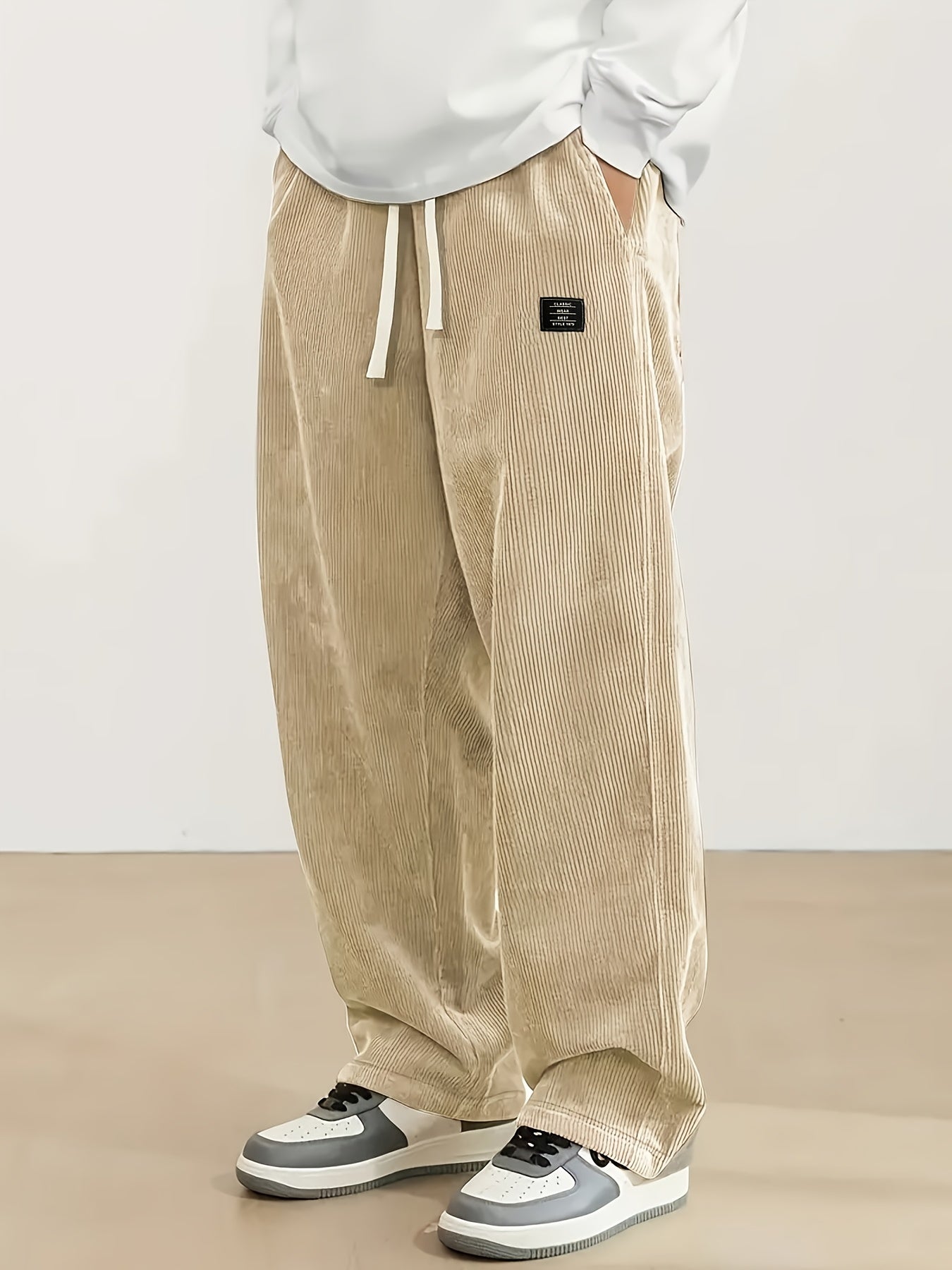 Men's corduroy casual pants, stylish and loose wide-leg pants, straight-cut sport pants, elastic waist drawstring baggy sweatpants for men sweatpants baggy