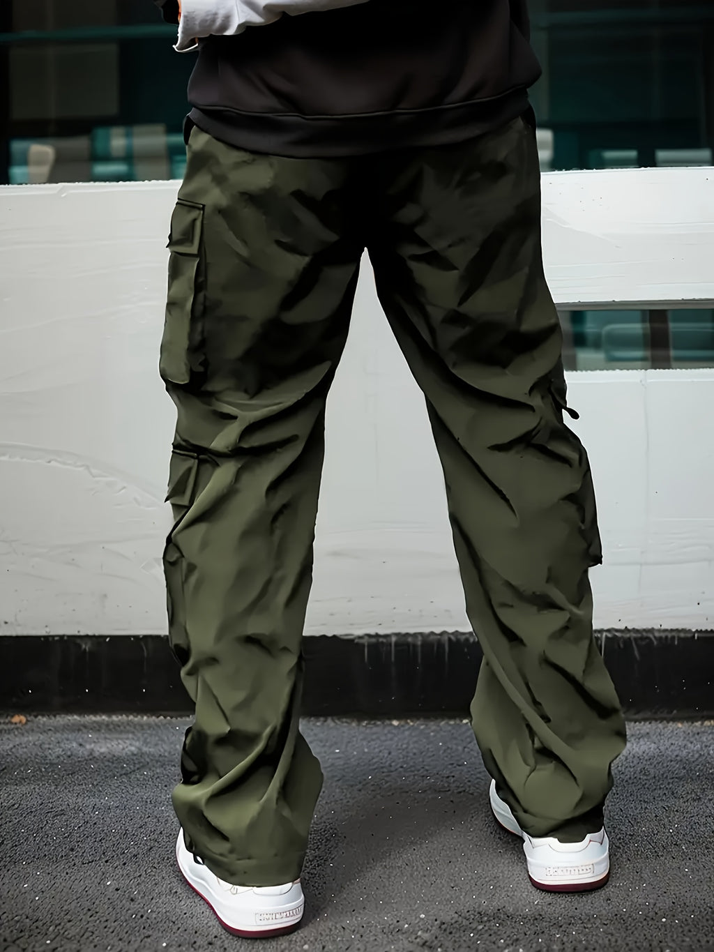Men'S Fashion Cargo Pants, Polyester 100%, Solid Color, Loose Fit, Straight Leg, Drawstring, Multi-Pocket, Casual Slim Fit, Woven Fabric, 138g/m² - Sports Style
