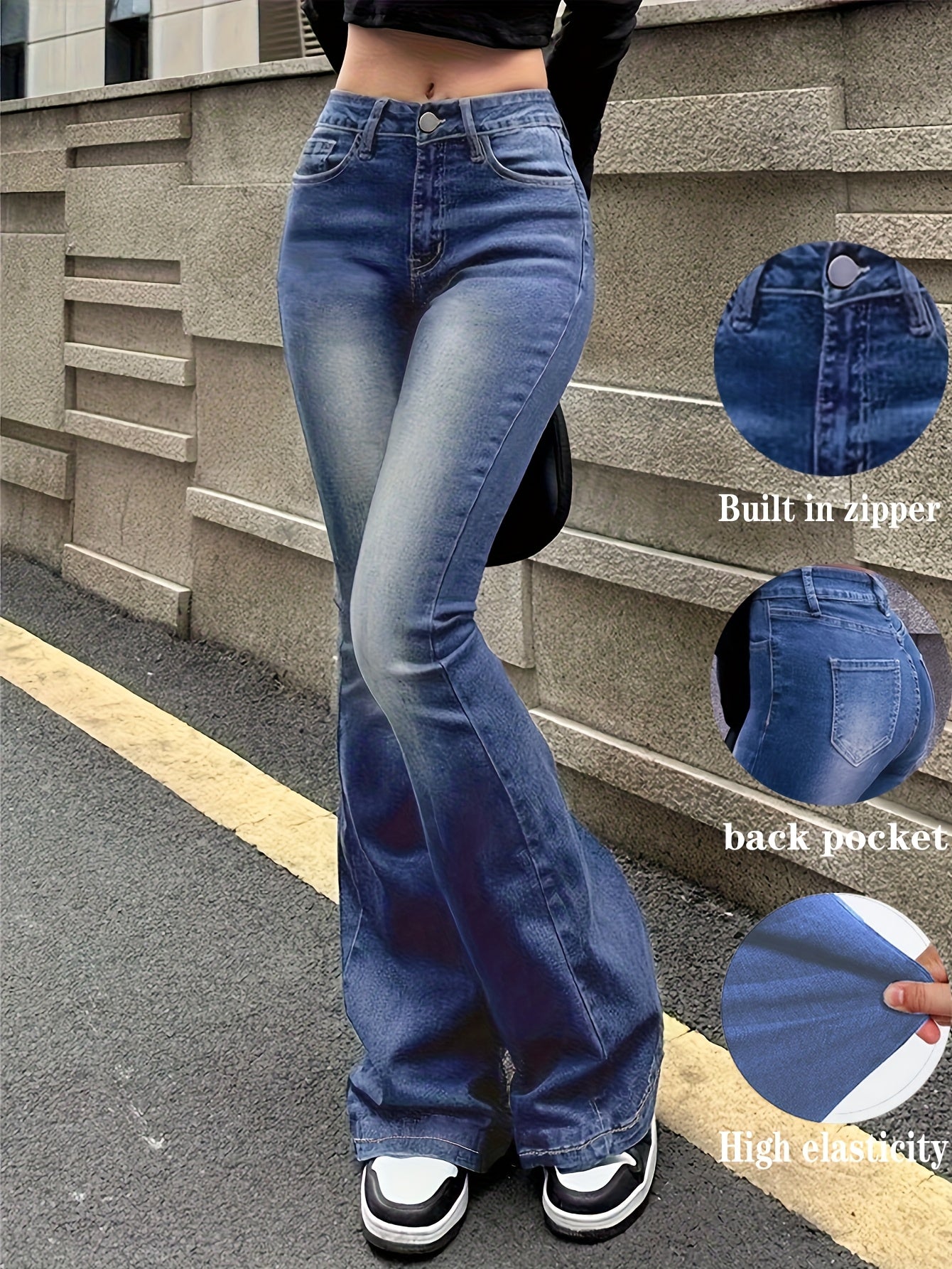 Jeans Acampanados Retro de Mujer | Ticotrendy Denim Elástico Cintura Media Estilo Casual
