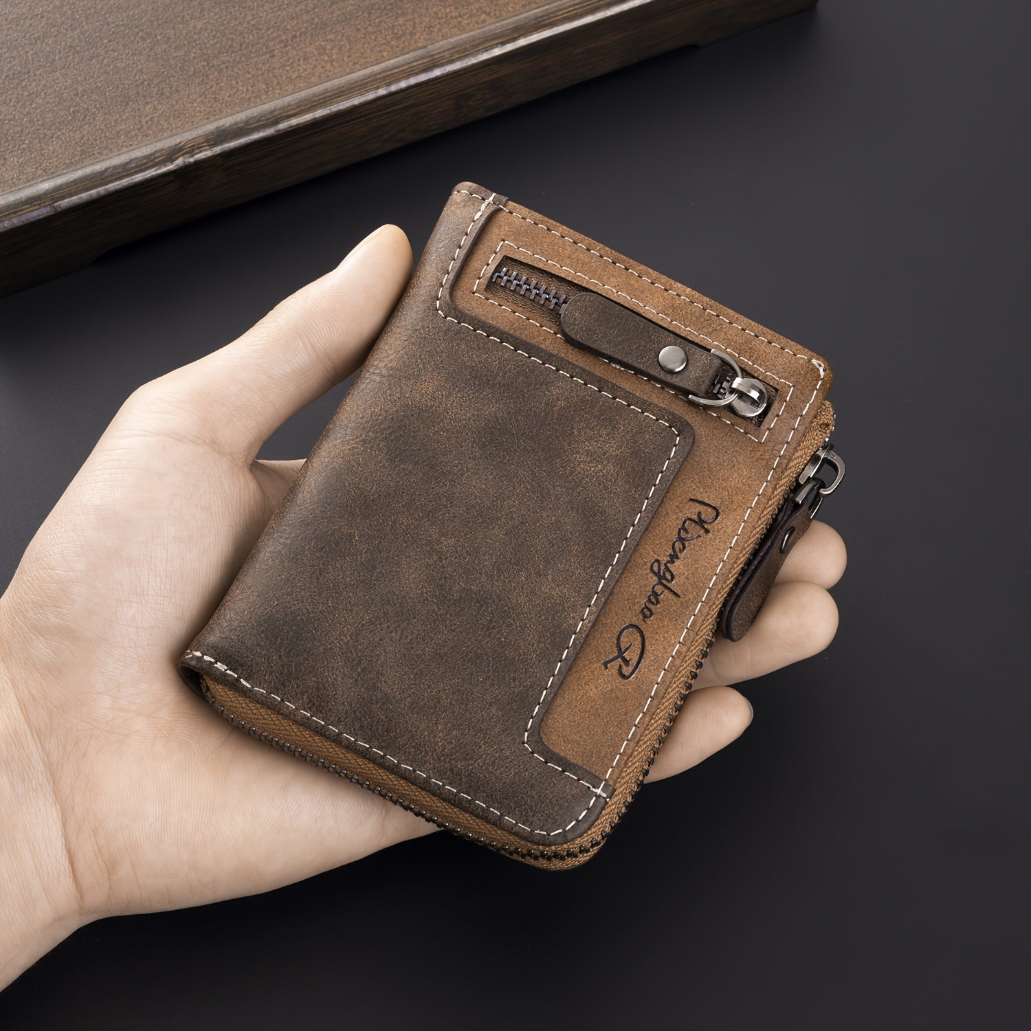 Cartera de hombre retro de piel sintética con cremallera y tarjetero.