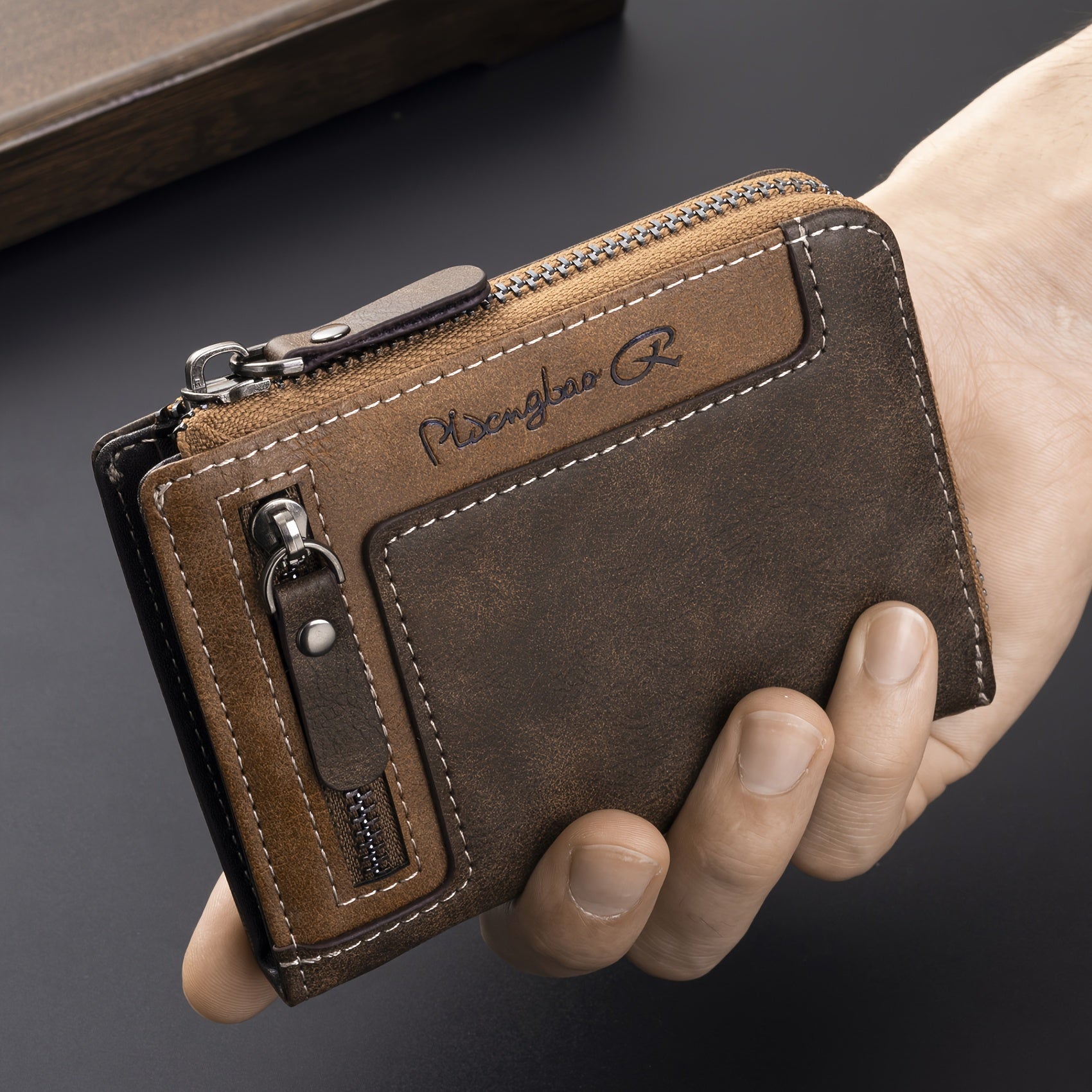 Cartera de hombre retro de piel sintética con cremallera y tarjetero.