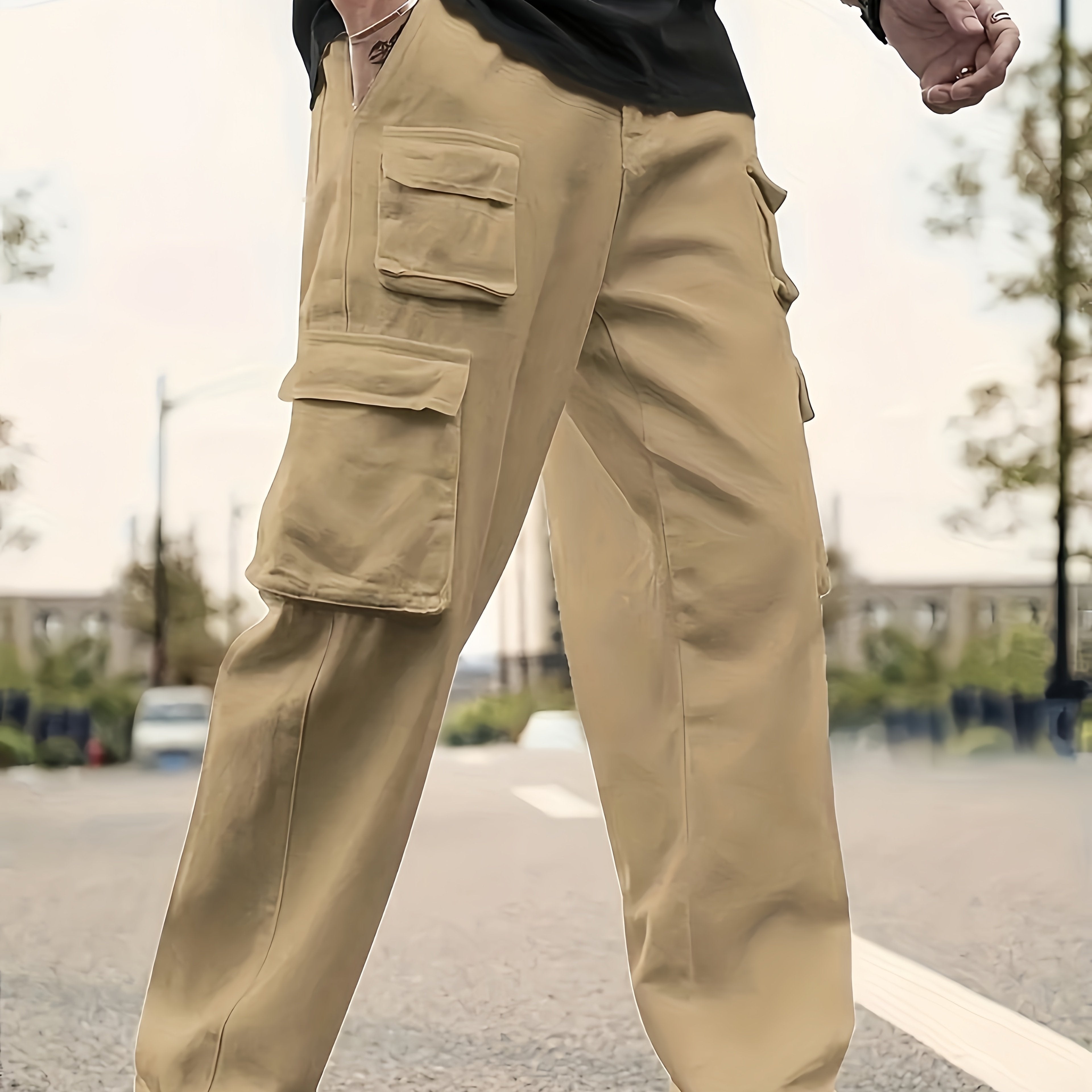 Men's Solid Color Sports Cargo Pants With Drawstrings, Casual Versatile Straight Leg Outdoor Trousers As Gift