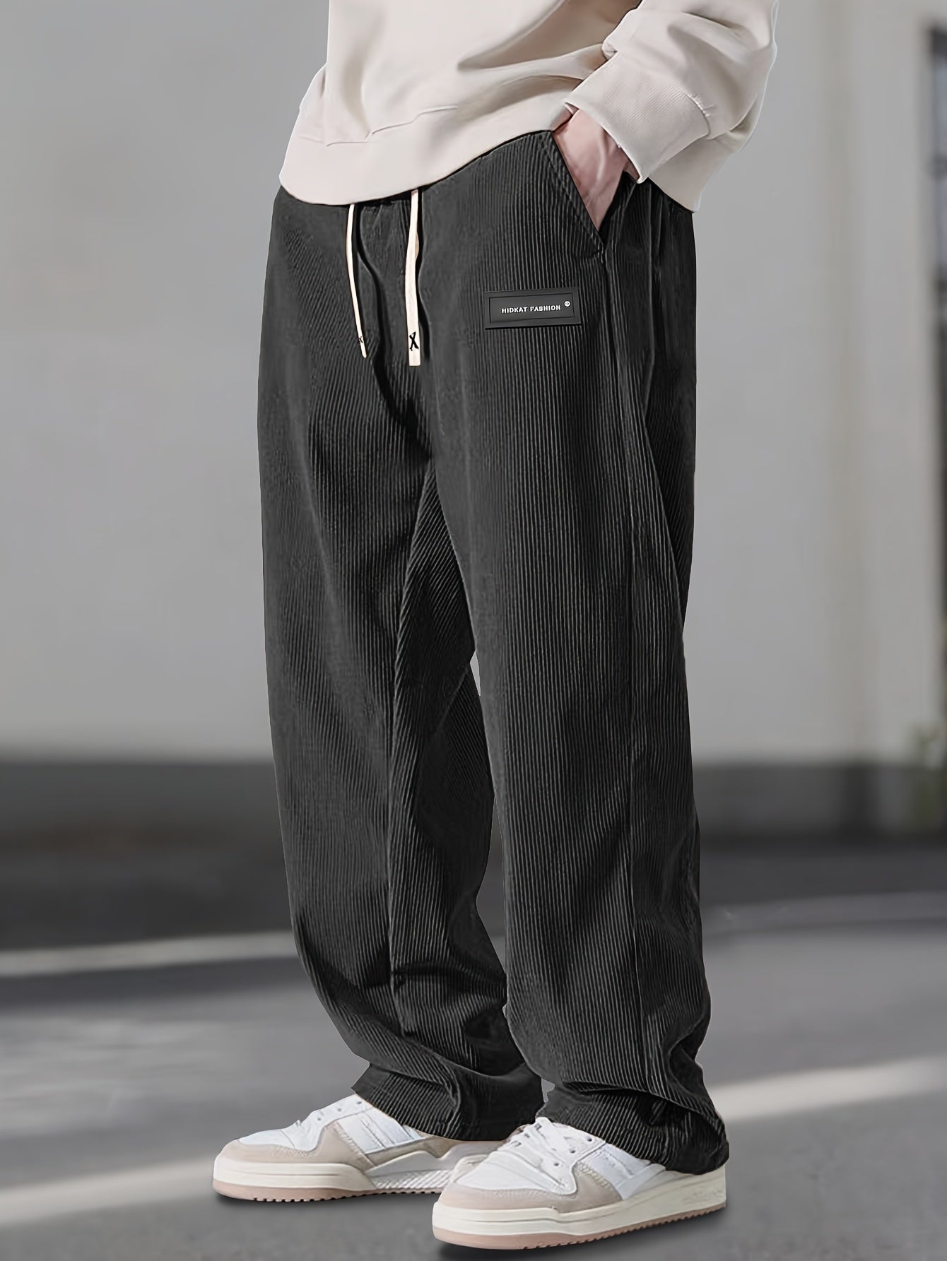 Men's Corduroy Casual Pants - Solid Color with Drawstring Waist & Side Pockets, Soft Breathable Fabric, Regular Fit for All-Season Comfort, Hand Wash Only