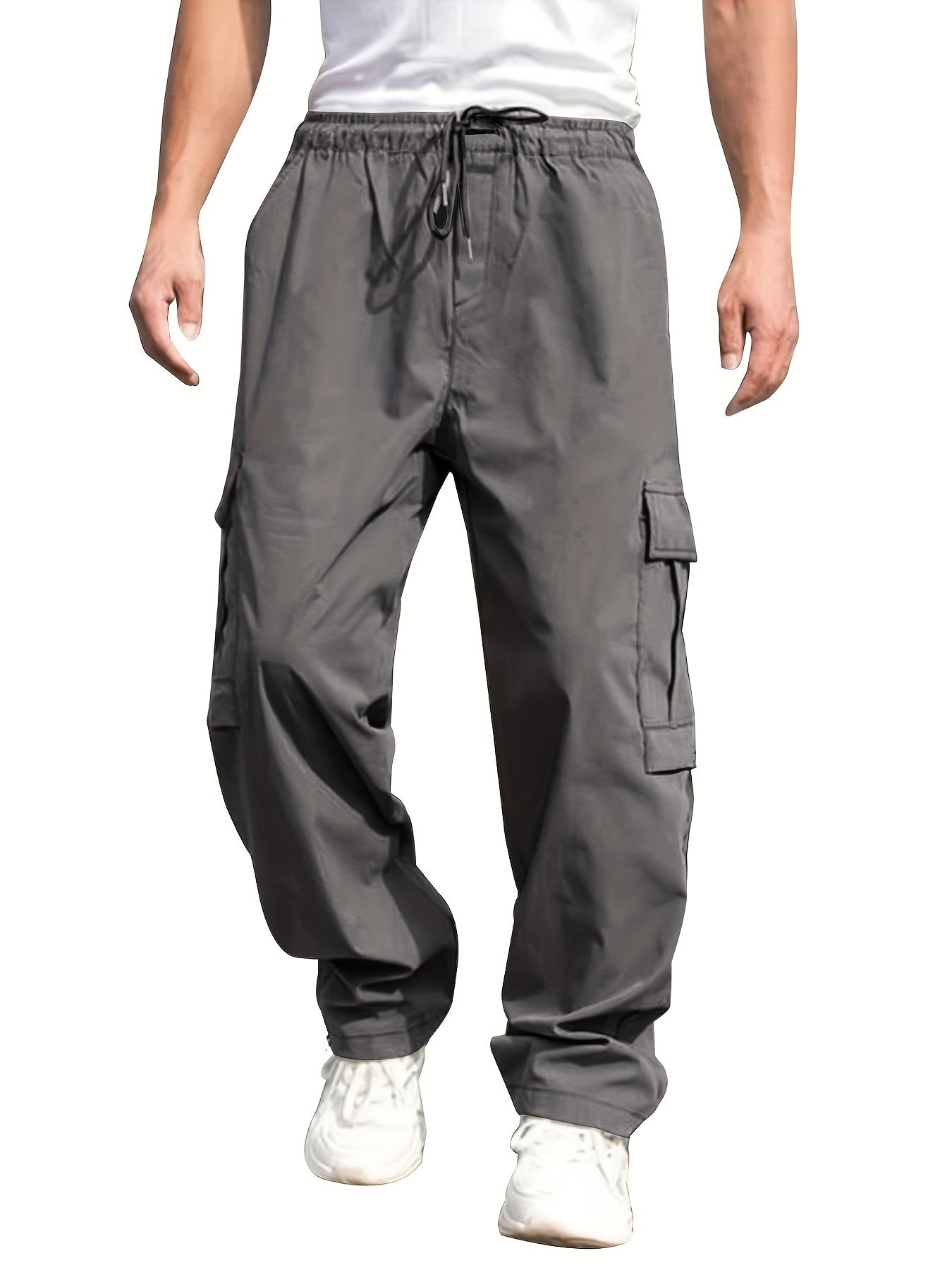 Men'S Casual Cargo Pants - Loose Fit, Straight Leg, Multi-Pocket Design, Drawstring Waist, Polyester Fabric, Ideal for Spring & Fall Workouts, Casual Wear Pants|Loose Fit Pants|Polyester Pants