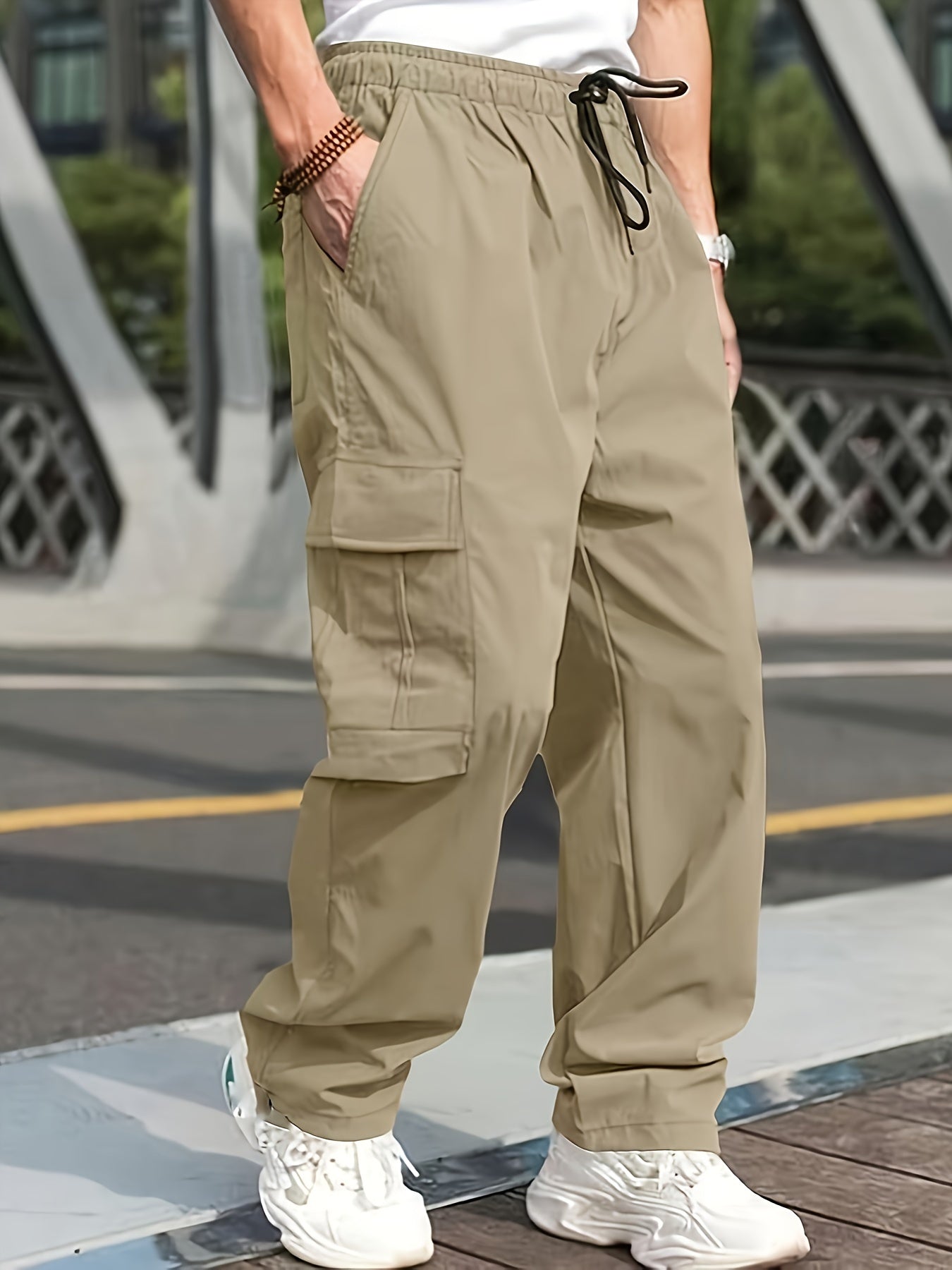 Men'S Casual Cargo Pants - Loose Fit, Straight Leg, Multi-Pocket Design, Drawstring Waist, Polyester Fabric, Ideal for Spring & Fall Workouts, Casual Wear Pants|Loose Fit Pants|Polyester Pants