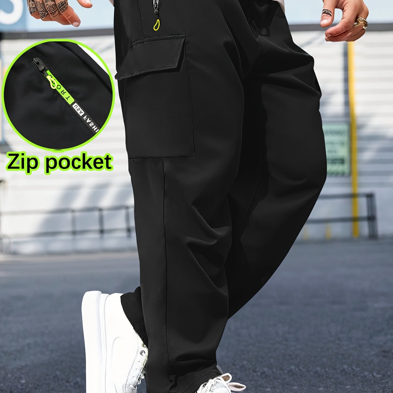 Men'S Casual Cargo Pants with Zipper Pockets - Black, Drawstring Waist, Lightweight, Non-Stretch Fabric, Perfect for Spring & Fall Outdoor Activities, Casual Attire, and Everyday Use, Casual Outdoor Pants | Sporty Style Pants