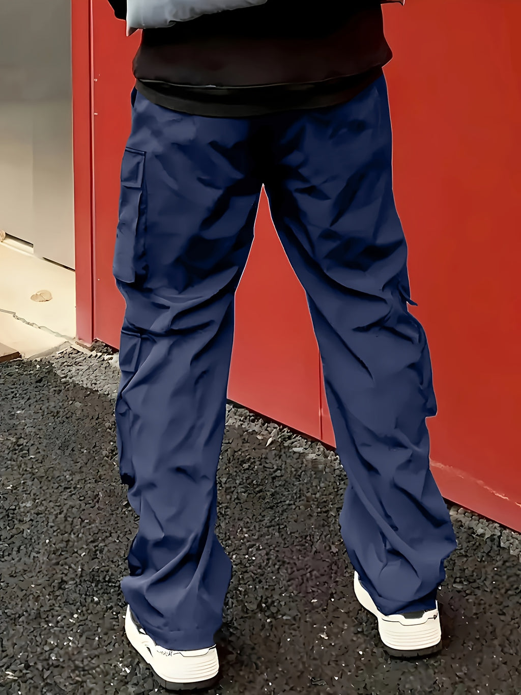 Men'S Fashion Cargo Pants, Polyester 100%, Solid Color, Loose Fit, Straight Leg, Drawstring, Multi-Pocket, Casual Slim Fit, Woven Fabric, 138g/m² - Sports Style