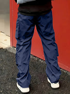 Men'S Fashion Cargo Pants, Polyester 100%, Solid Color, Loose Fit, Straight Leg, Drawstring, Multi-Pocket, Casual Slim Fit, Woven Fabric, 138g/m² - Sports Style