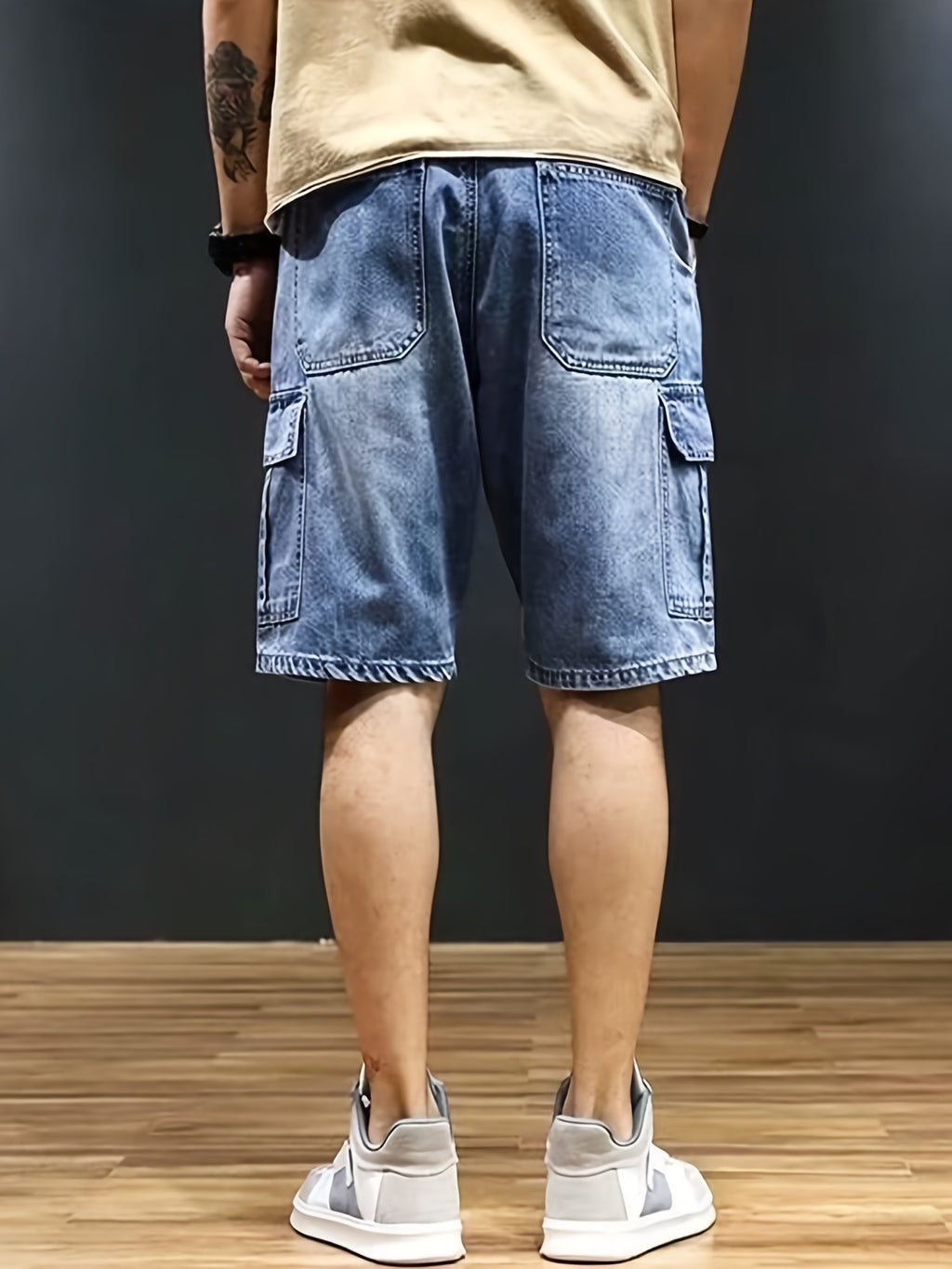 Jeans Cortos Hombre Elásticos | Corte Regular, Múltiples Bolsillos | Vaquero Azul Lavado