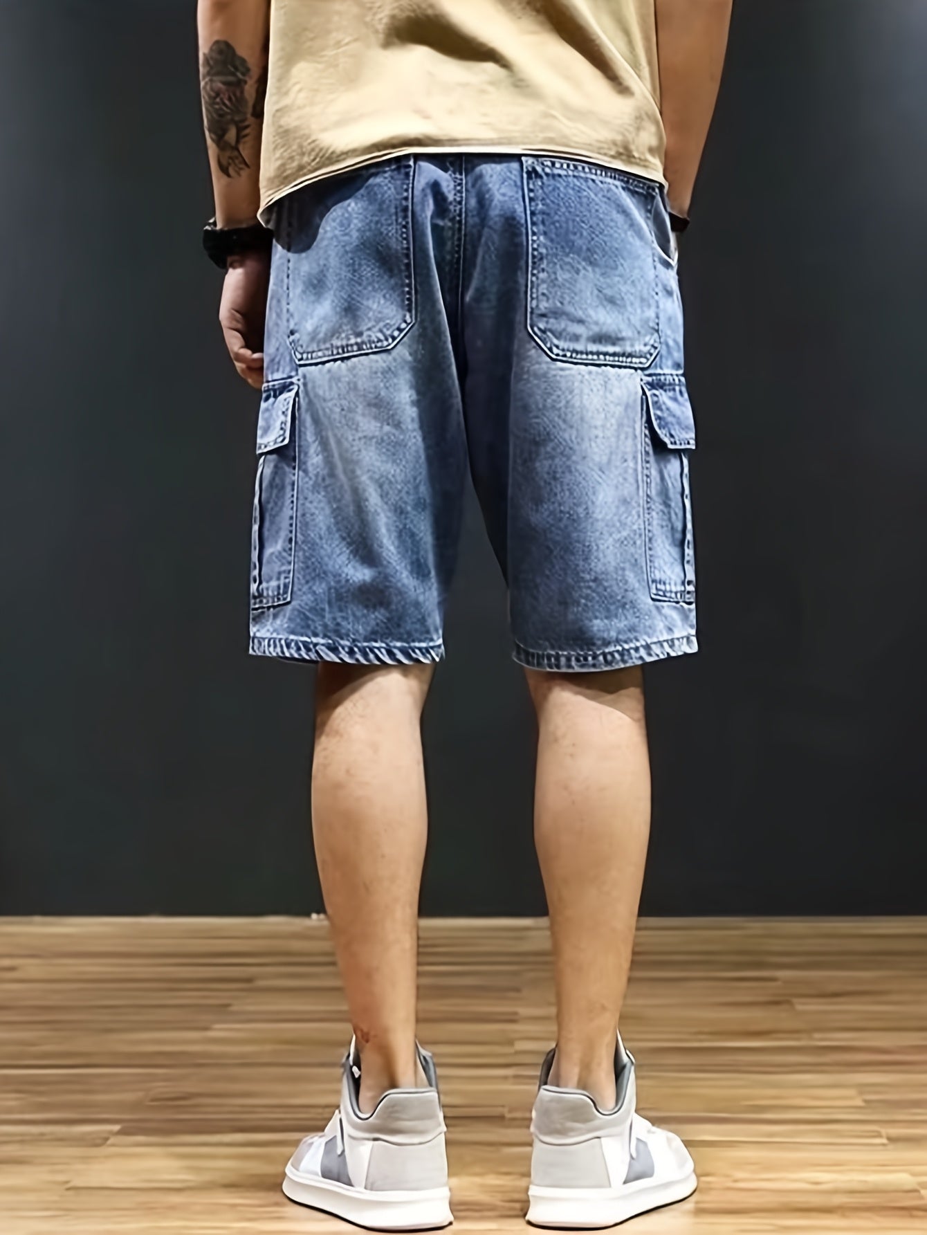 Jeans Cortos Hombre Elásticos | Corte Regular, Múltiples Bolsillos | Vaquero Azul Lavado
