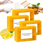 4-Pack Turmeric & Kojic Acid Soap Set, 100g Each, Deep Cleansing & Moisturizing, Natural Handmade Bar for Light Beige & Hair Care, Alcohol-Free, Body Use, Includes Bathroom Soap Dish & Loofah