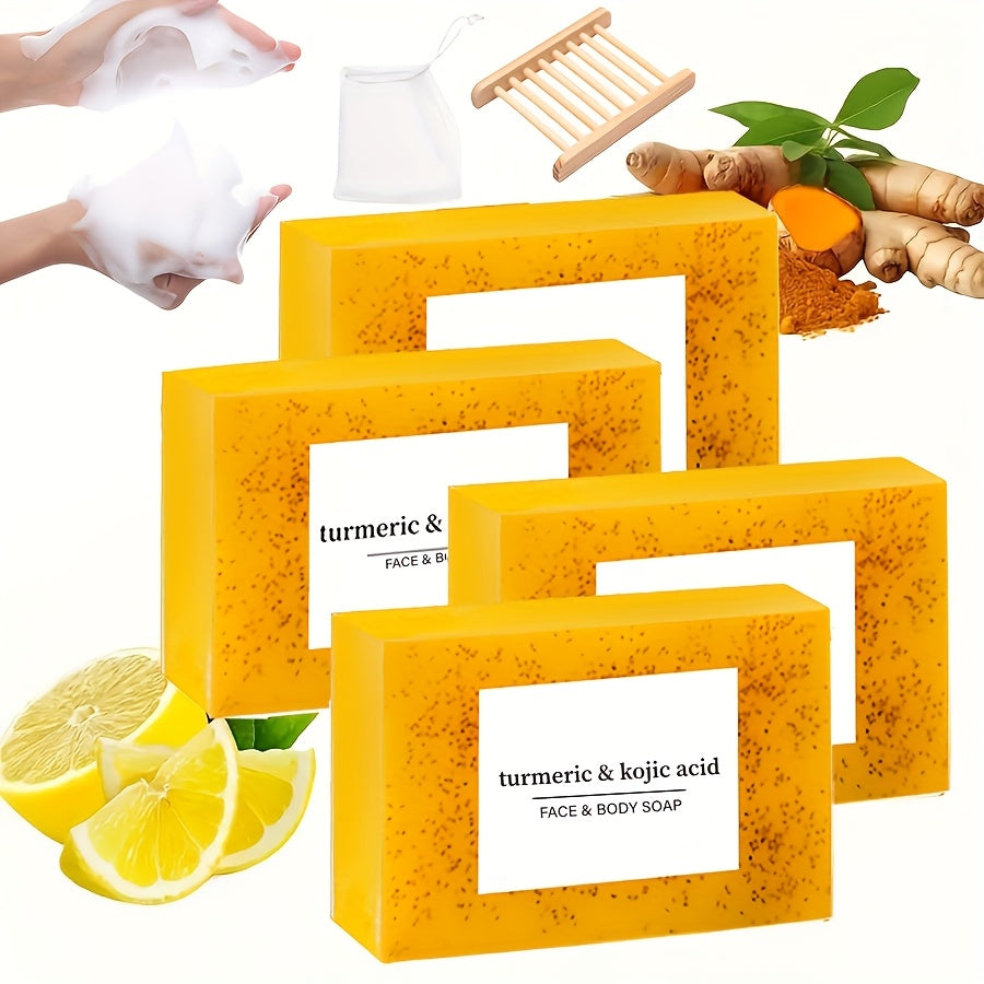 4-Pack Turmeric & Kojic Acid Soap Set, 100g Each, Deep Cleansing & Moisturizing, Natural Handmade Bar for Light Beige & Hair Care, Alcohol-Free, Body Use, Includes Bathroom Soap Dish & Loofah