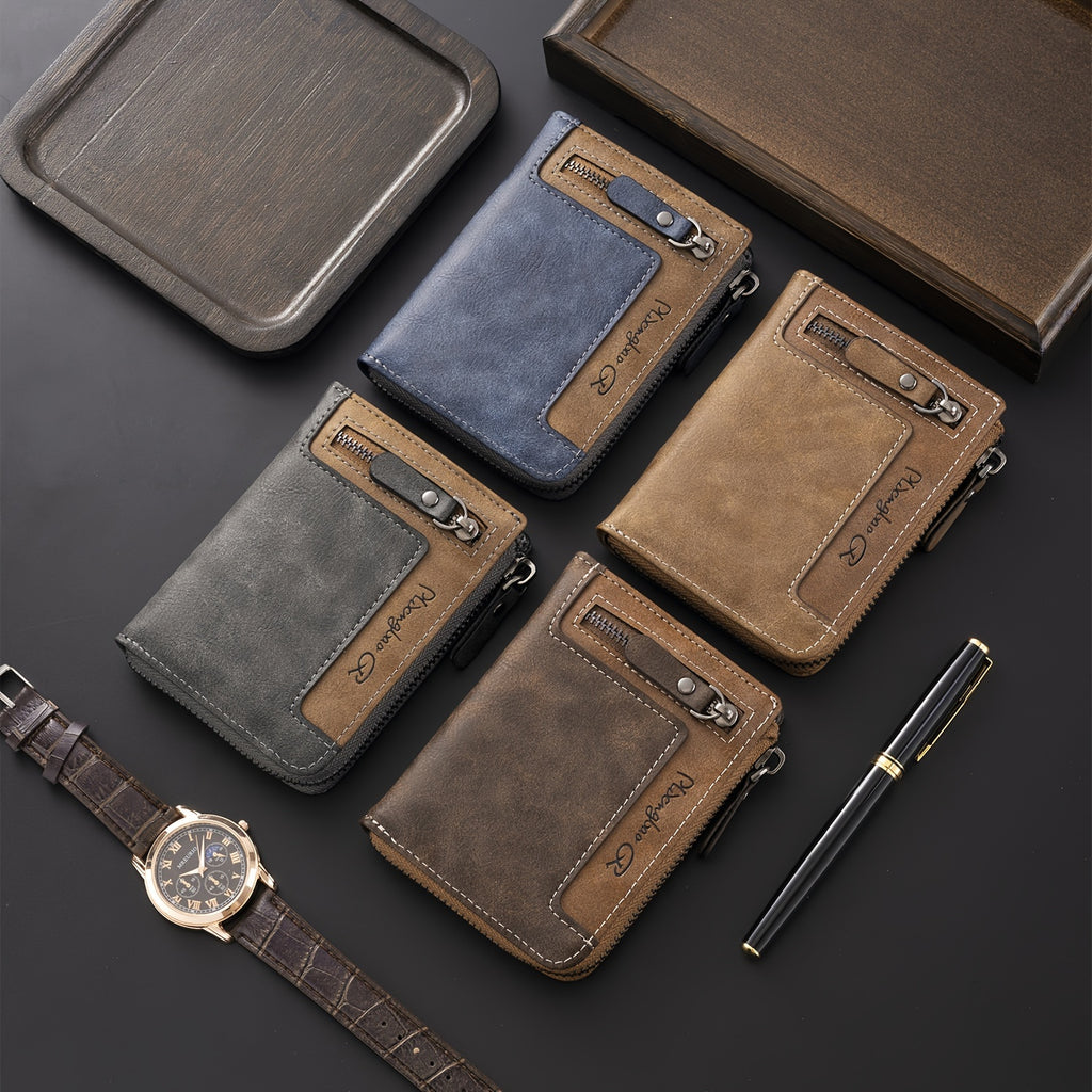Cartera de hombre retro de piel sintética con cremallera y tarjetero.