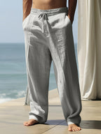 Men's Casual Linen Pants | Relaxed Fit with Drawstring Waist | 95% Linen, 5% Polyester | Breathable & Stylish for Indoor Gatherings, Outdoor Activities, and Golf | All-Season Wear | Beige Color, Versatile Clothing | Minimalis