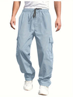 Men'S Casual Cargo Pants - Loose Fit, Straight Leg, Multi-Pocket Design, Drawstring Waist, Polyester Fabric, Ideal for Spring & Fall Workouts, Casual Wear Pants|Loose Fit Pants|Polyester Pants