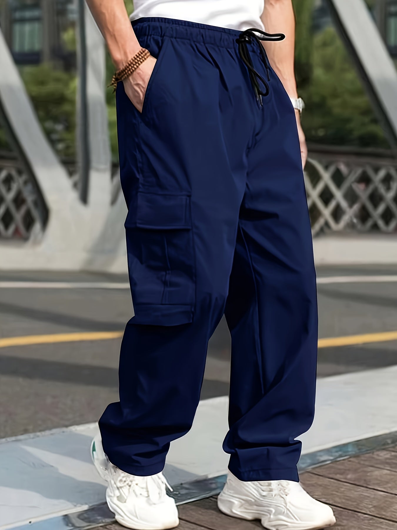 Men'S Casual Cargo Pants - Loose Fit, Straight Leg, Multi-Pocket Design, Drawstring Waist, Polyester Fabric, Ideal for Spring & Fall Workouts, Casual Wear Pants|Loose Fit Pants|Polyester Pants