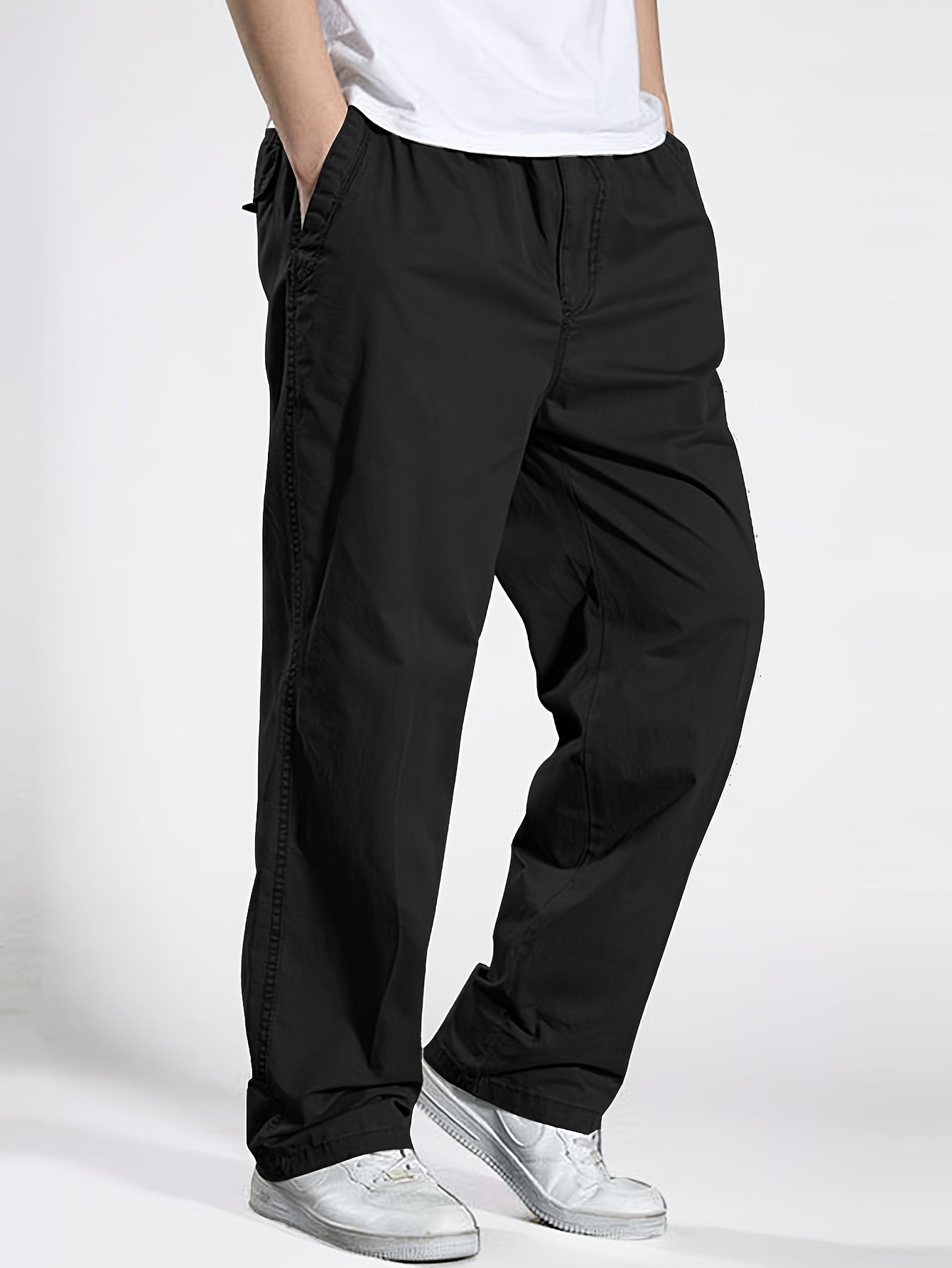Men's Heavy-Duty 100% Cotton Work Pants - Relaxed Fit Cargo Pants with Elastic Drawstring Waist, Solid Black Casual Workwear for Construction, Everyday & Formal Events - Machine Washable Spring/Fall Trousers, Classic Solid Co