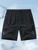 Pantalones Cortos Deportivos Hombre - Secado Rápido, Negro con Bolsillos Naranja, Cordón y Cremallera