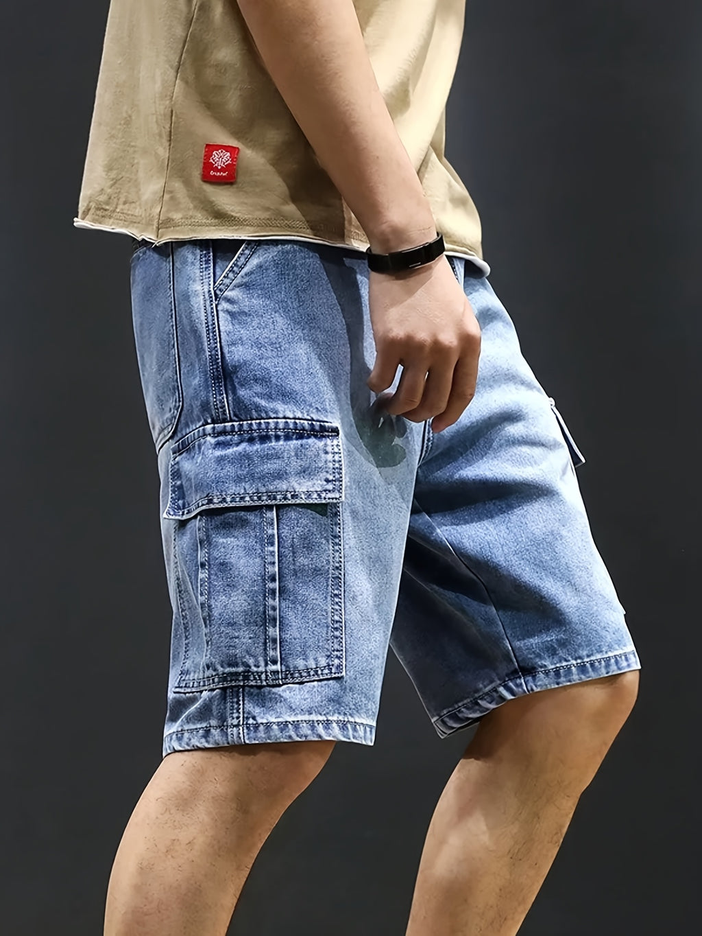 Jeans Cortos Hombre Elásticos | Corte Regular, Múltiples Bolsillos | Vaquero Azul Lavado