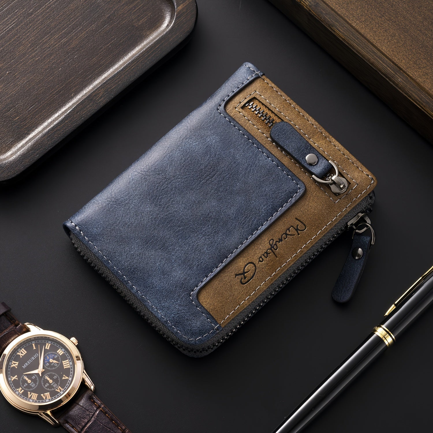 Cartera de hombre retro de piel sintética con cremallera y tarjetero.